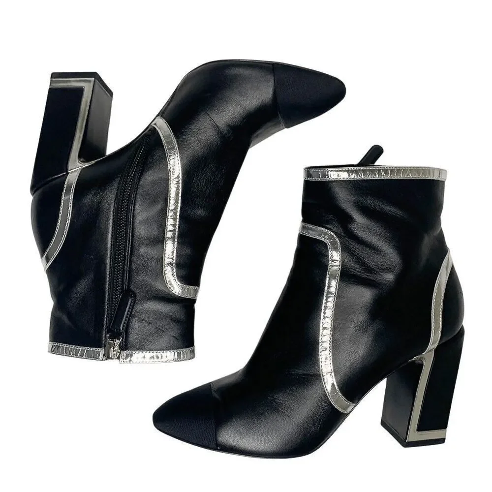 Chanel Interlocking C Black Leather and Grosgrain Ankle Booties EU 37.5 US 6.5-7
